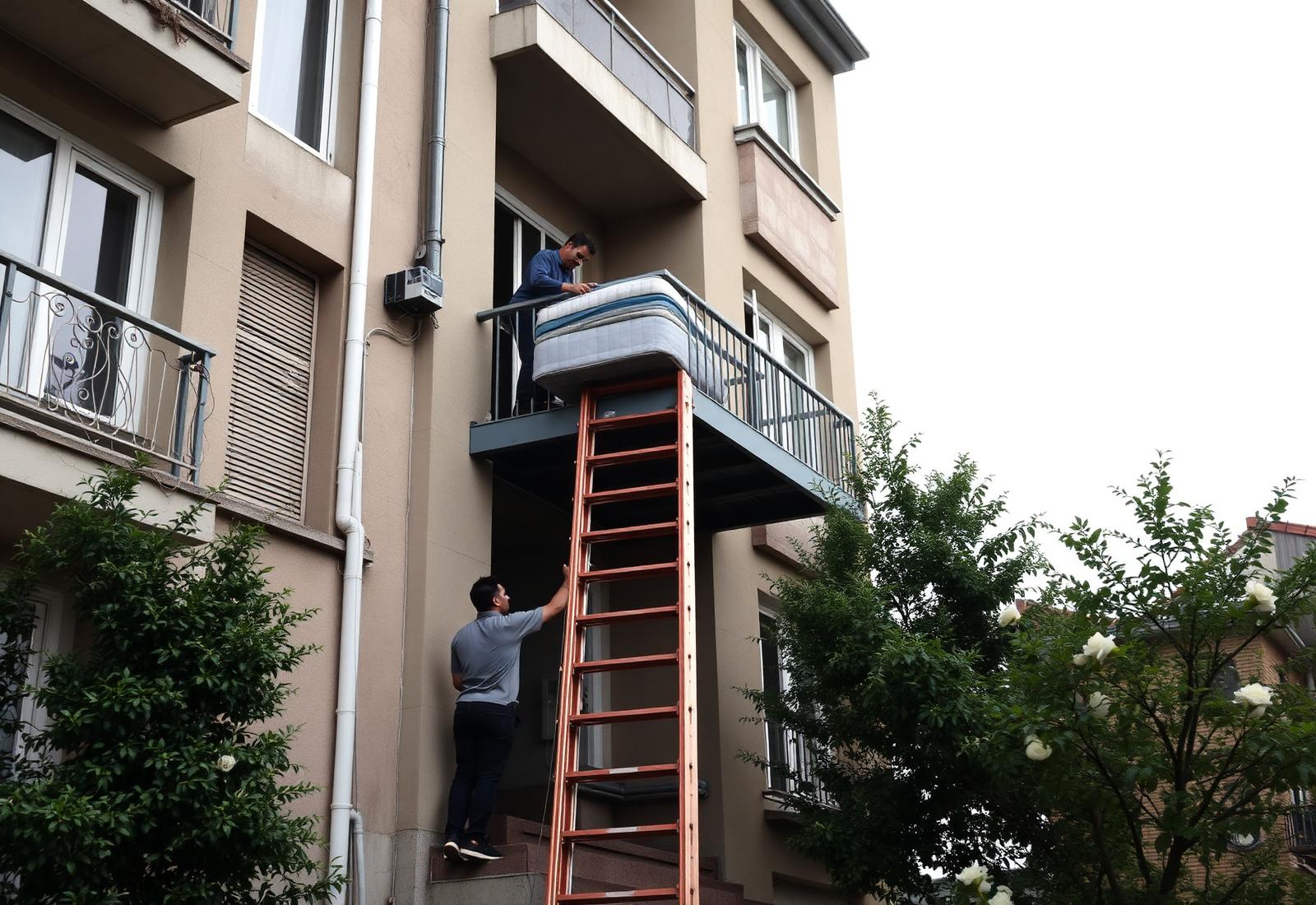Beşinci kat balkonuna uzanan nakliyat asansörü ve platformdaki yatak
